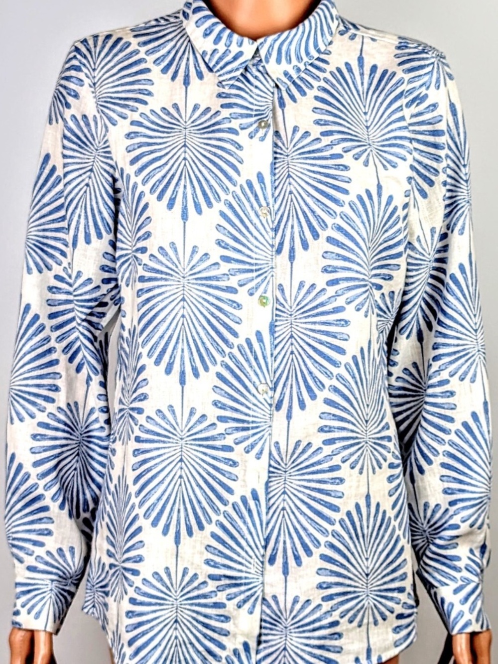 Joie Linen Blue/White Long Sleeve Blouse  Button Front Size Large